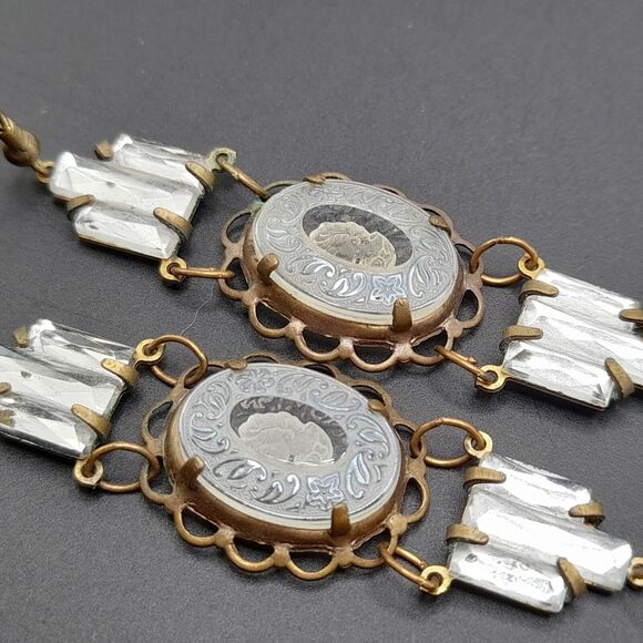 Art Deco Vauxhall Glass Reverse Carved Earrings , 3 1/2 In - Picture 10 of 12